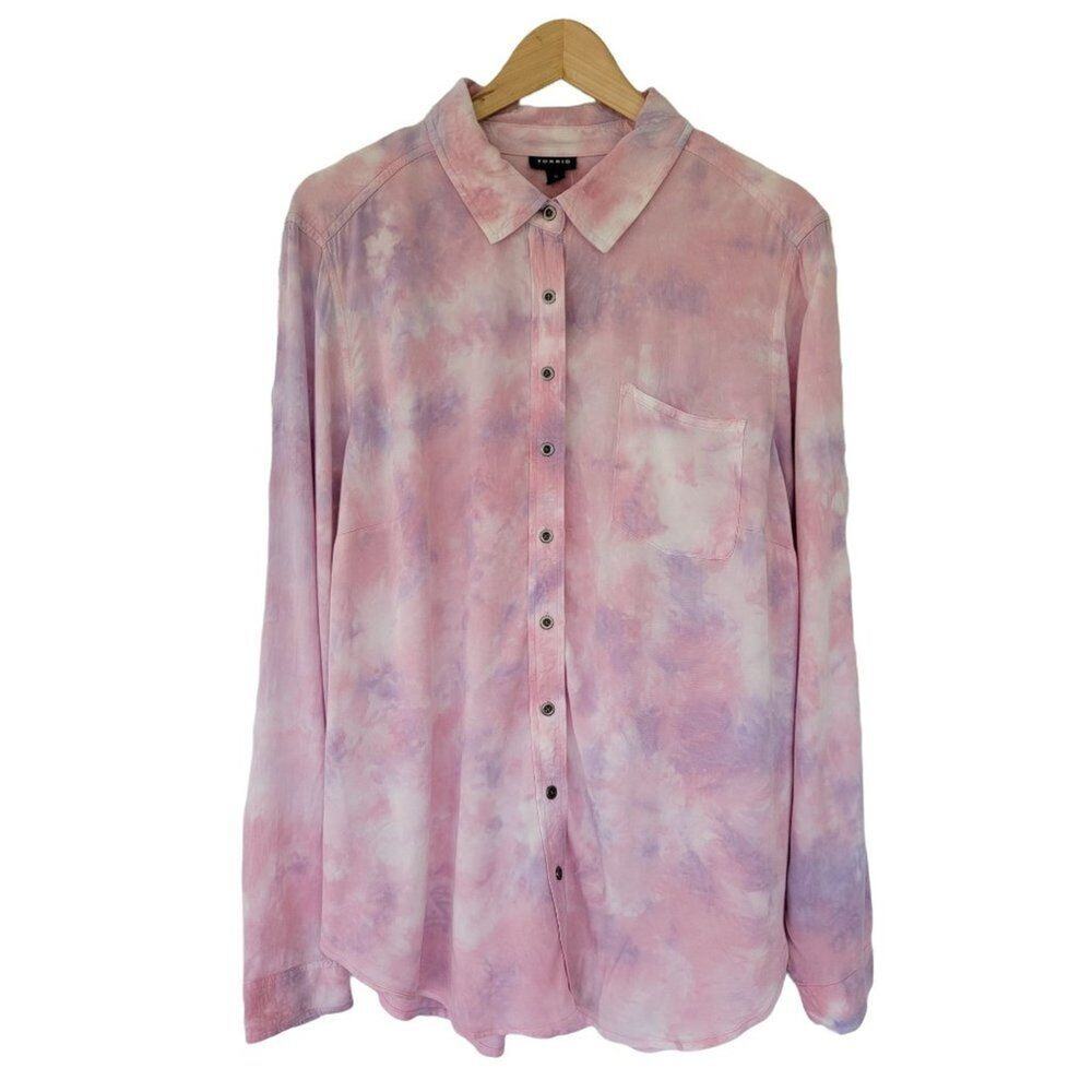 Torrid Tie Dye Long Sleeve Button Down Blouse Womens Size L Pink Purple NEW